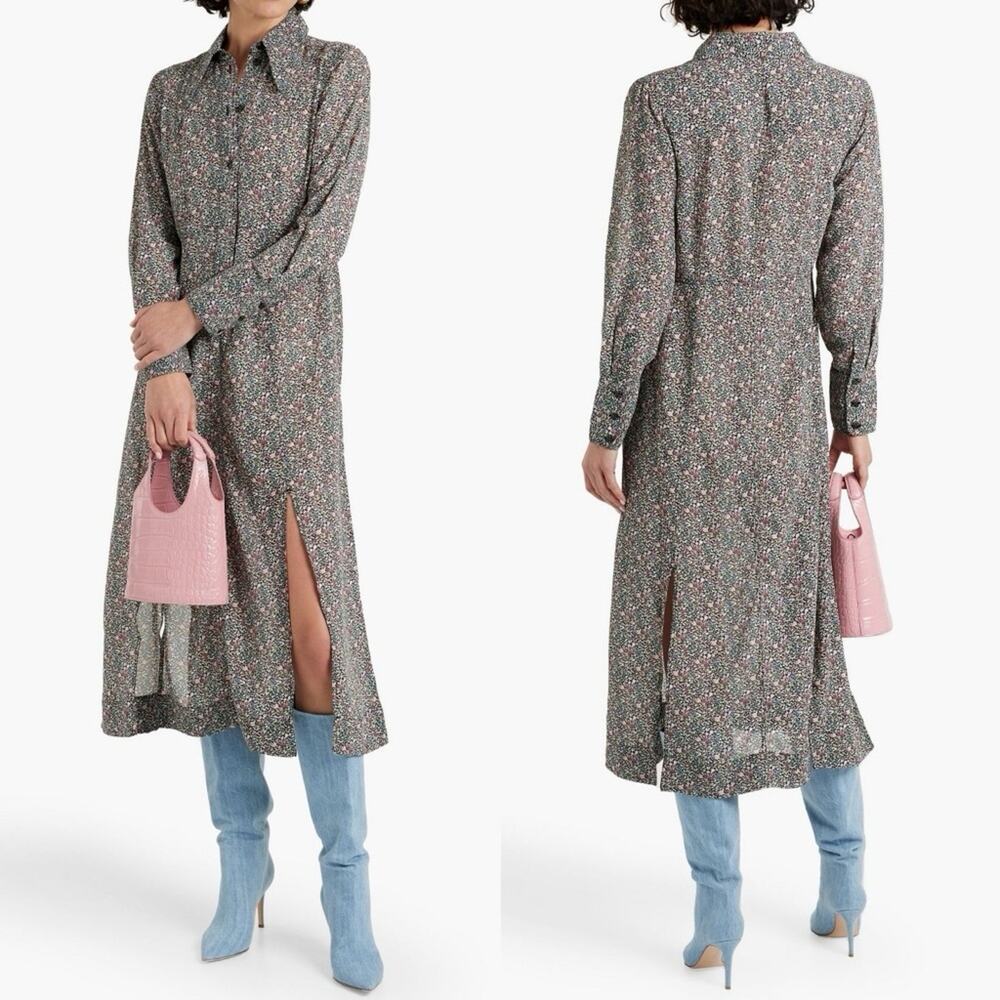 GANNI Floral Midi Shirt Dress Long Sleeves Button Front Side Slits Size 36 Small